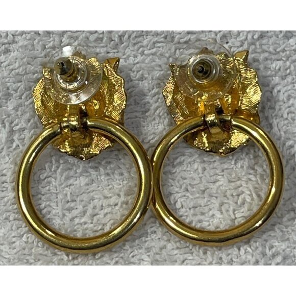 VTG Gold Tone Lion Door Knocker Earrings Post Pierced Statement - Picture 4 of 5